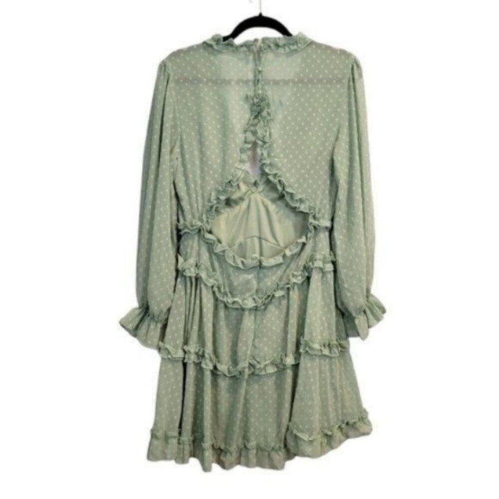 Shein Polka Dot Print Shirred Waist Layered Ruffle Hem Key hole Back Dress - Picture 3 of 10